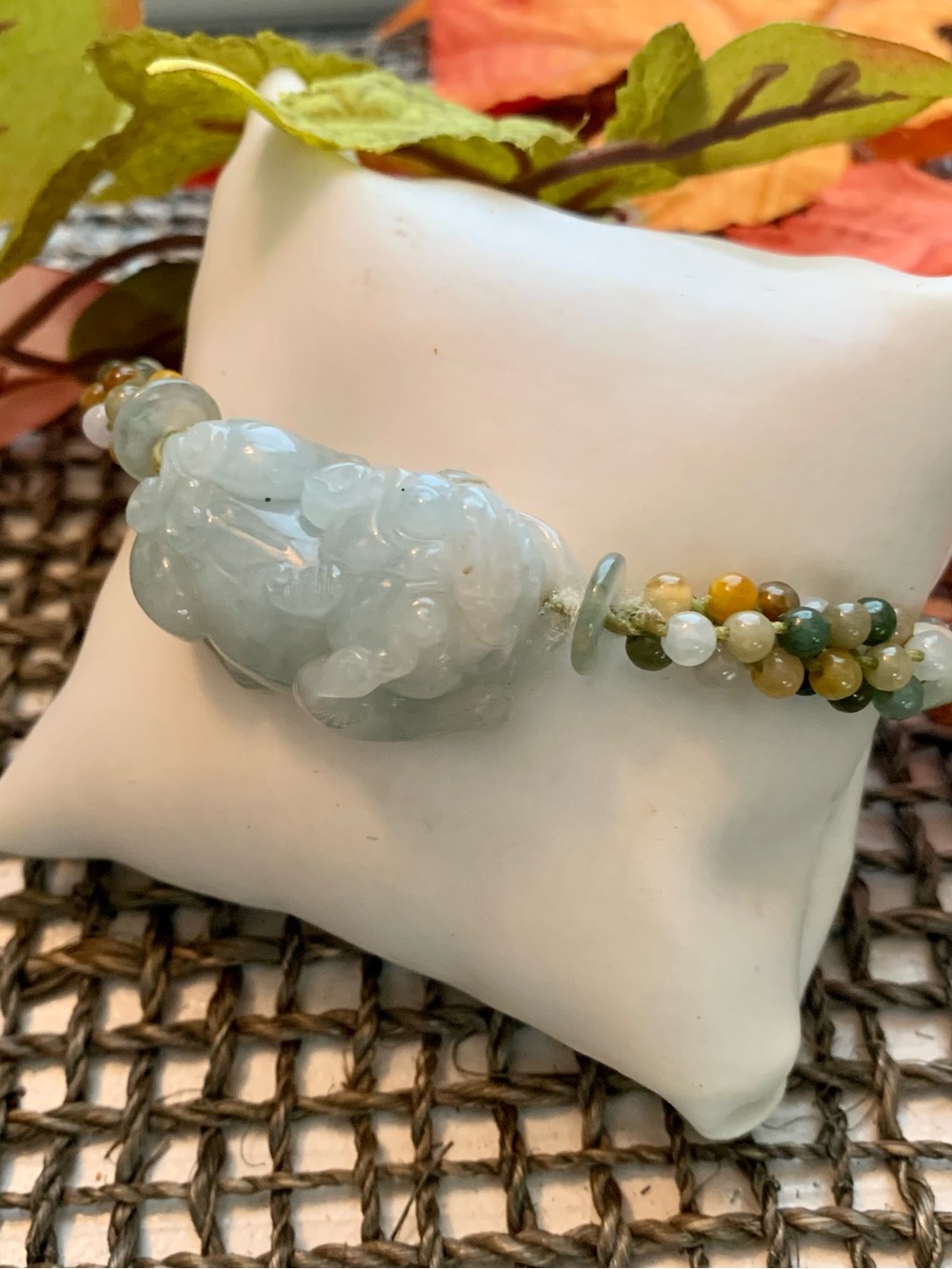 Beaded Jadeite Pixiu Bracelet Woven Adjustable Cord Colorful Jade Beads
